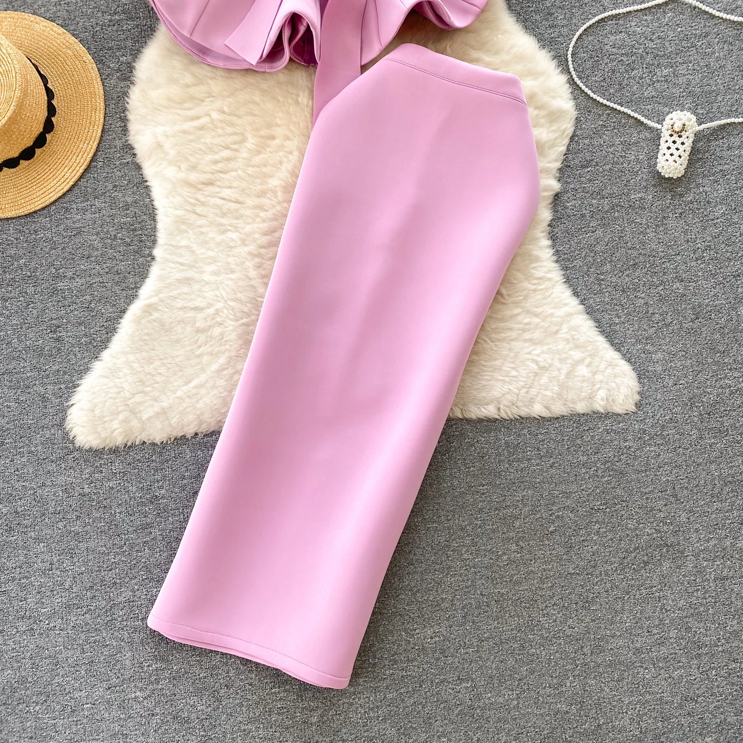 Women Vintage Two Pieces Skirt Sets Women Long Sleeve Sexy Slash Neck Bandage Ruffle Blouse Top and High Waist  Hip Wrap Skirt