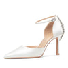 Baotou Hollow High Heel Women's Sandals Pointed Tip Thin Heel One-word Button Rhinestone Wedding Shoes Bridal Shoes