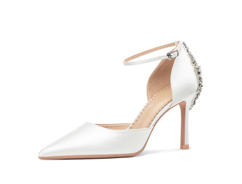 Baotou Hollow High Heel Women's Sandals Pointed Tip Thin Heel One-word Button Rhinestone Wedding Shoes Bridal Shoes
