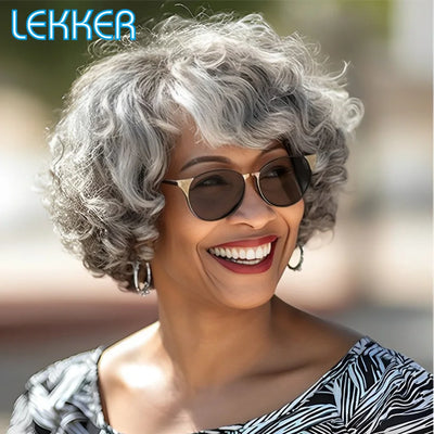 Lekker Short Silver Gray Curly Bob 100% Human Hair Wigs For Women Brazilian Remy Hair Salt and Pepper Full Machine Made Wigs