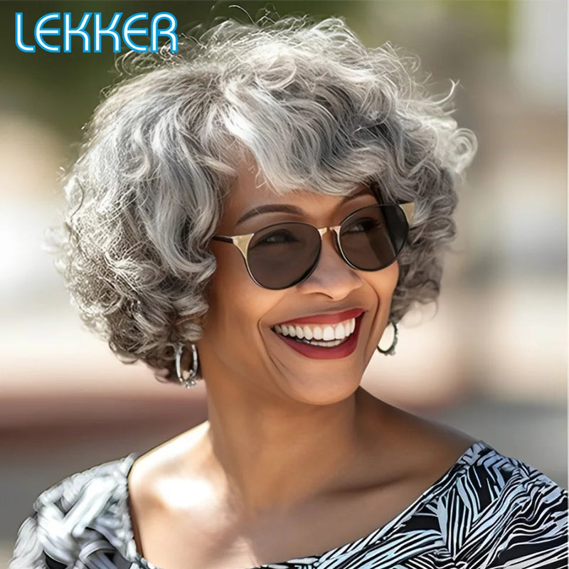 Lekker Short Silver Gray Curly Bob 100% Human Hair Wigs For Women Brazilian Remy Hair Salt and Pepper Full Machine Made Wigs