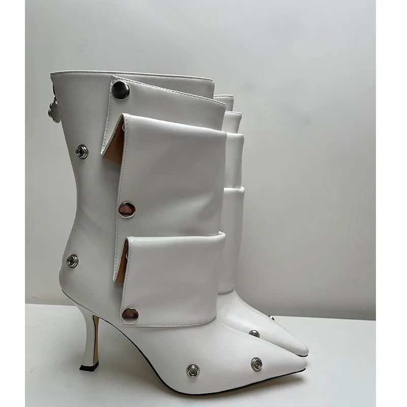 2025 Classics Women Pointed Toe Strange Heels Boots For Woman's Rivet Button Zipper-Sid Solid Color High Heels Shoes Botas Altas
