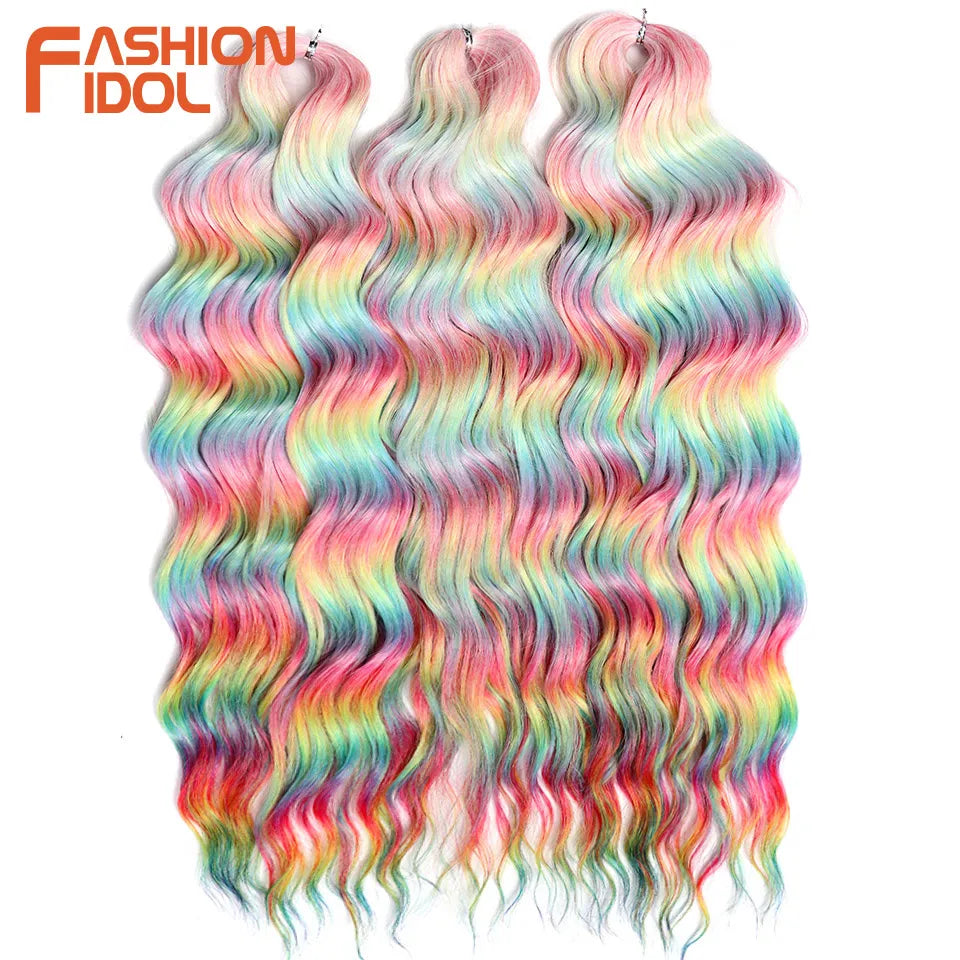 FASHION IDOL 24Inch Crochet Hair Synthetic Water Wave Braiding Hair Extensions Ombre Rainbow color Fake Hair Deep Wave Curl Hair