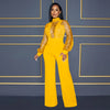 Fashion Women's Clothing Hollow Long-sleeved Loose Wide Leg Jumpsuits Overall Pants Solid Color Sexy Lace