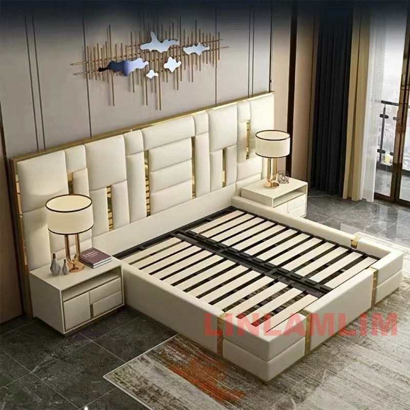 MANBAS Luxury Modern King Size Bed with Soft Upholstered Headboard and Storage Nightstands - Genuine Leather Bedroom Furniture