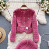 Modphy Autumn Fashion Rose Red Woolen Two Piece Set Women Golden Button Chain Belt Tweed Short Jacket Coat+Split Midi Skirt Suit