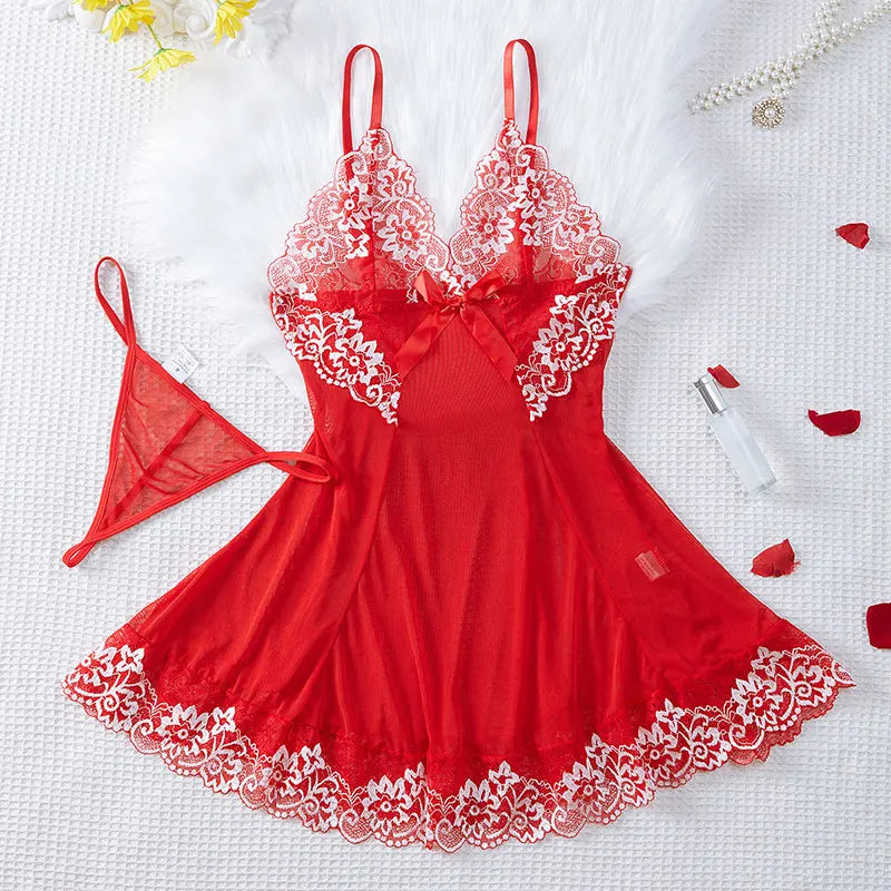Short Sexy Deep V Women's Nightgown Embroidered Dress Fashions Pajamas Free Thong Night Sleepwear Suspender Baby Doll Lingerie