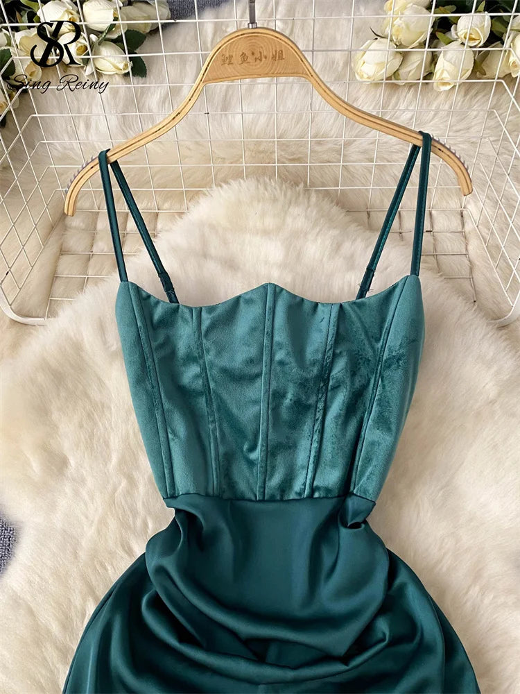 SINGREINY Evening Party Senior Slim Dress Women Spaghetti Strap Backless Zipper Sleeveless Bodycon 2024 Newest Satin Long Dress