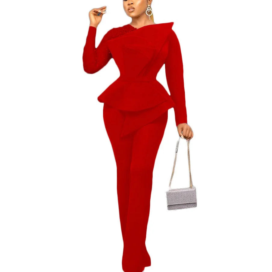 Luxury Jumpsuits & Rompers for Women Round Neck Beaded Transparent Sleeve High Waisted Elegant Female Birthday Party Overalls