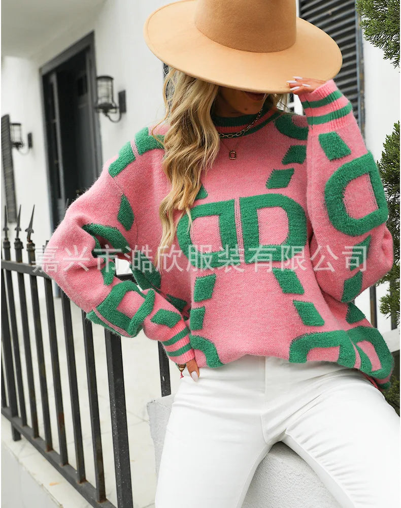 Knitted Sweaters Women 2023 Spring/Autumn Round neck Letter  Embroidery Pullovers Top Temperament casual warm Tee contrast color