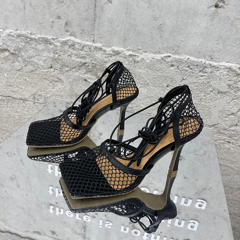 Aneikeh 2024 Summer Sexy Mesh Pumps Sandals Female Square Toe High Heel Lace Up Cross-Tied Stiletto Hollow Dress Party Shoes
