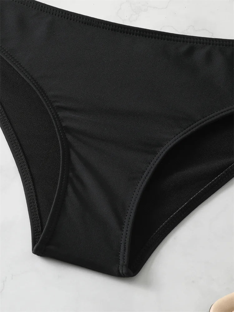 Bikini 2025 New Swimsuit Women Swimwear Solid Black One Shoulder Bikinis Set Bathing Suit Female Two Pieces Beach Wear Biquini