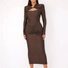 Mozision Hollow Out Long Sleeve Sexy Maxi Dress For Women Gown Autumn Winter New Metal Buckle Ruched Slit Long Dress Elegant