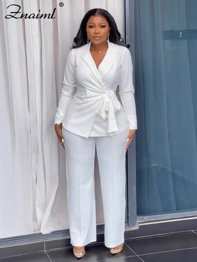 Znaiml Elegant Lapel Long Sleeve Top and Wide Leg Pants Two 2 Piece Sets Women White Office Lady Lace Up Blazer Business Outfits
