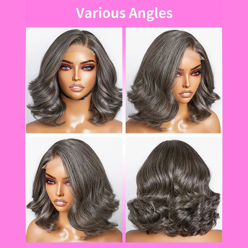 Salt and Pepper Loose Wave Lace Front Bob Wig Human Hair Side Part  5x5 HD Closure Lace Wig Ready To for Black Women