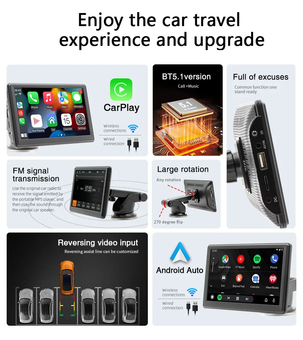 7" Screen Car Monitor Radio Wireless Carplay Android-Auto Bluetooth FM Transmitter Touch Screen Multimedia Video Player B500W