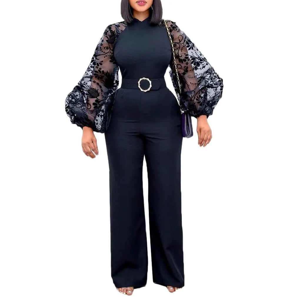 Elegant Jumpsuits & Rompers for Women O Neck Full Sleeve Belt Waisted Straight African Birthday Party Dinner Overalls Clothes OL