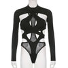 Goth Sexy Solid Color Jumpsuit Women Y2k Hollow Out Cyber Punk Long Sleeve Patchwork Bodysuit Streetwear Emo Alt Rave Outfit