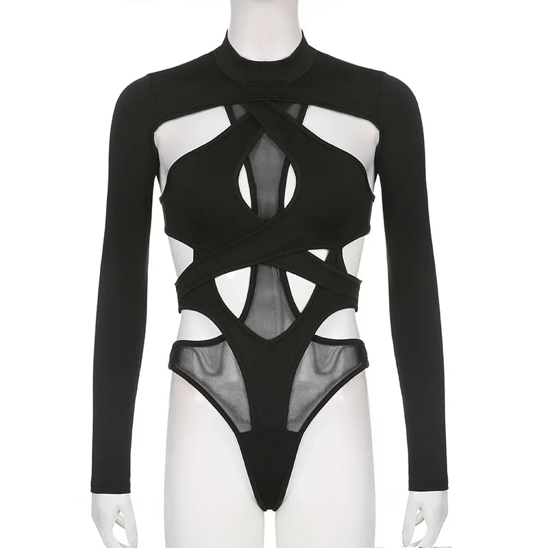Goth Sexy Solid Color Jumpsuit Women Y2k Hollow Out Cyber Punk Long Sleeve Patchwork Bodysuit Streetwear Emo Alt Rave Outfit