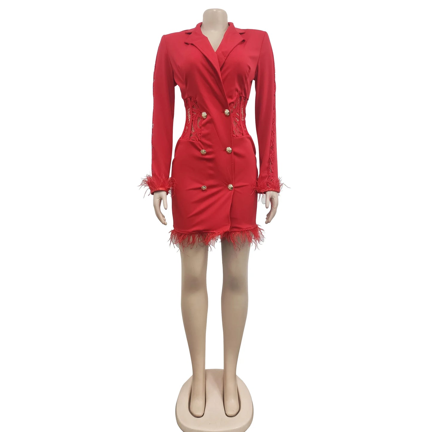FANAN Elegant Women Double Breasted Tassel Hem and Long Sleeve Notched Collar Lace Waist Patchwork Blazer Dress Vestidos 2022