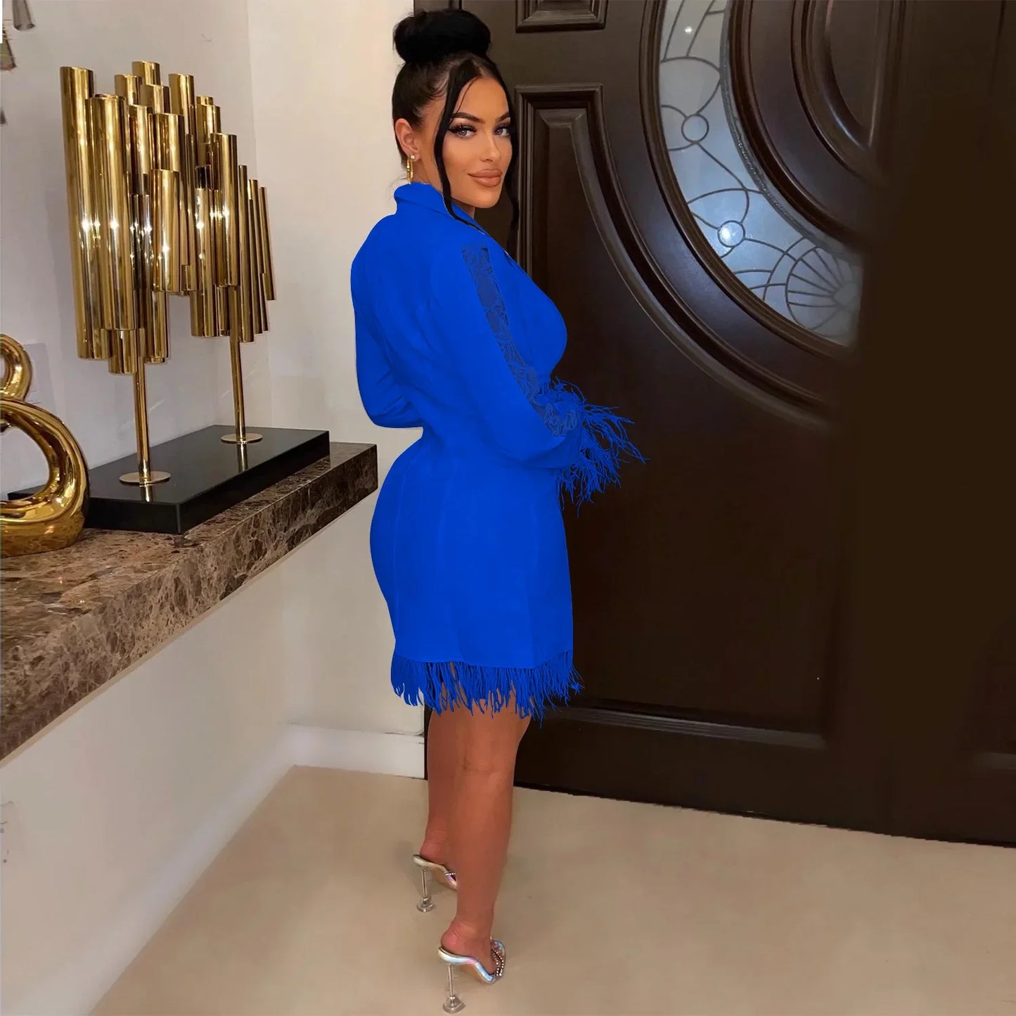 FANAN Elegant Women Double Breasted Tassel Hem and Long Sleeve Notched Collar Lace Waist Patchwork Blazer Dress Vestidos 2022