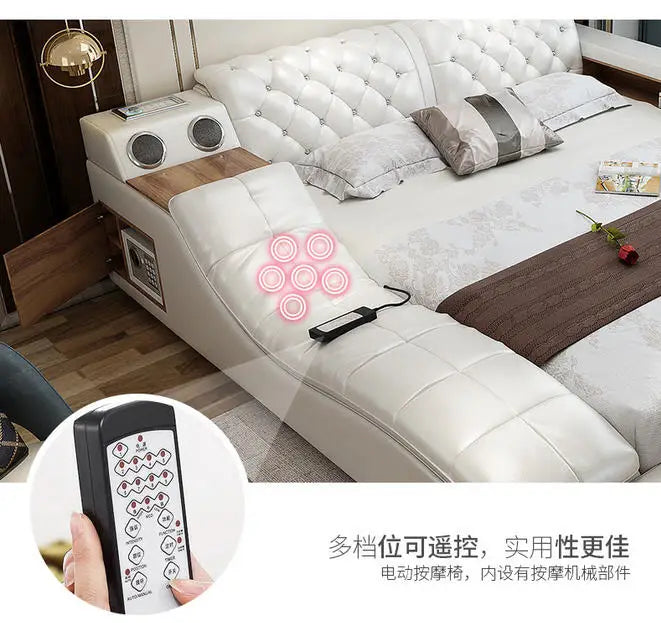 MANBAS Tech Smart Multifunctional Bed Frame with Genuine Leather, Bluetooth Speaker, and Massager Ultimate Soft Lit Tatami Camas