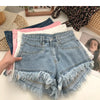 ITOOLIN Women Vintage Tassels Denim Shorts Button Loose High Waist A-line Jean Shorts Casual Women Office Trousers Streetwear