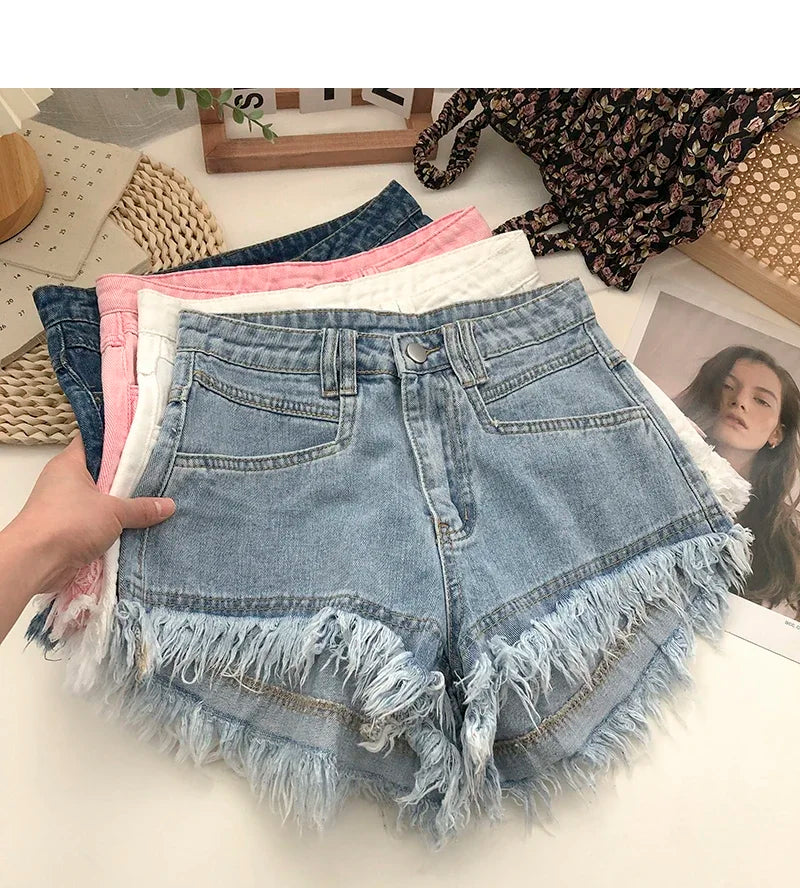 ITOOLIN Women Vintage Tassels Denim Shorts Button Loose High Waist A-line Jean Shorts Casual Women Office Trousers Streetwear