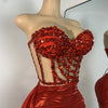 Sparkly Red Diamonds Asymmetrical Two Pieces Dress Design 2025 Women Sexy Strapless Top Skirt Suits Dance Performance Outfit
