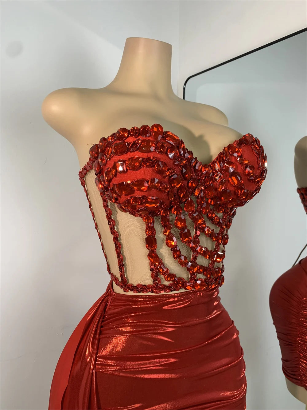Sparkly Red Diamonds Asymmetrical Two Pieces Dress Design 2025 Women Sexy Strapless Top Skirt Suits Dance Performance Outfit