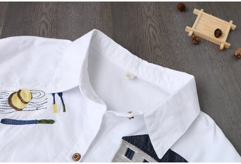 Women Cotton Embroidery Loose Long White Shirts 2025 Spring Autumn New Casual Office Lady Blouse Female Top Loose shirt