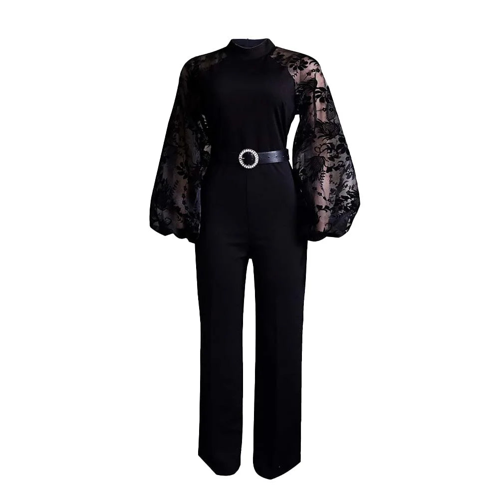 Elegant Jumpsuits for Women Luxury Round Neck Full Sleeve Belt Waisted High Waisted Straight Female Birthday Party Celebrate New