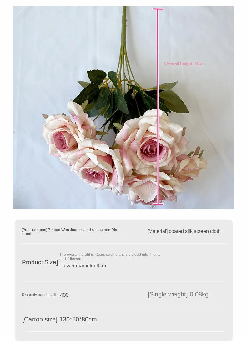 41CM 7 Forks Silk Screen Diamond Rose Artificial Flower Wedding  Living Room Decoration Road Guide Bouquet, Artificial Flower