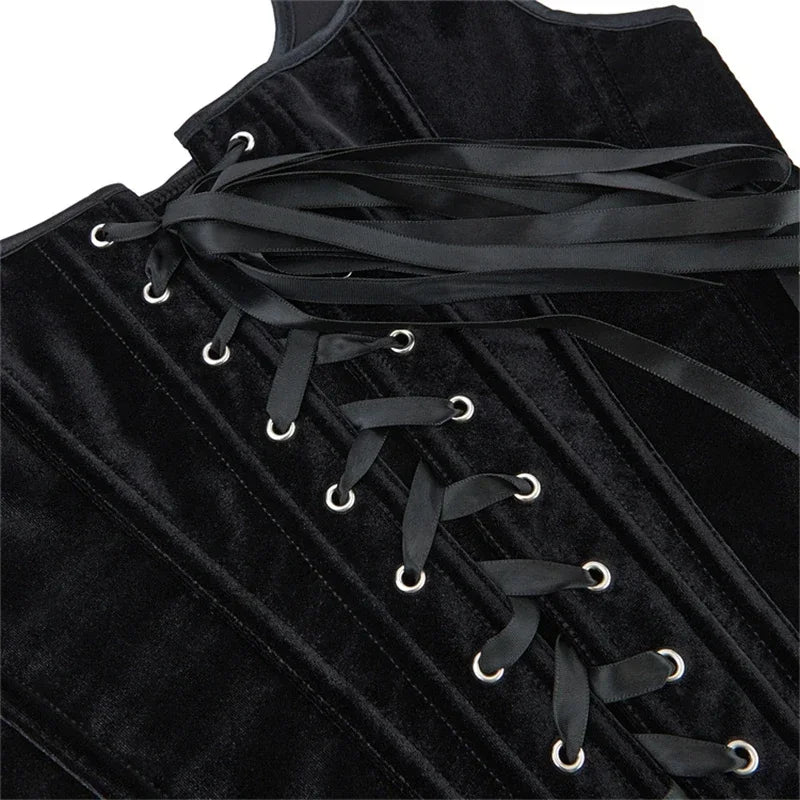 Black Velvet Sexy Overbust Corset Crop Tops Women Front Lace Up Side Zipper Shoulder Strap Bustier Vest Slimming Shaper Camis