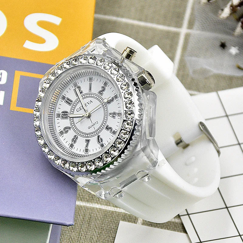 Luminous Quartz Watch for Women Personality Rhinestone Led Fashion Geneva Male and Female Students Couple Jelly Wrist Watches