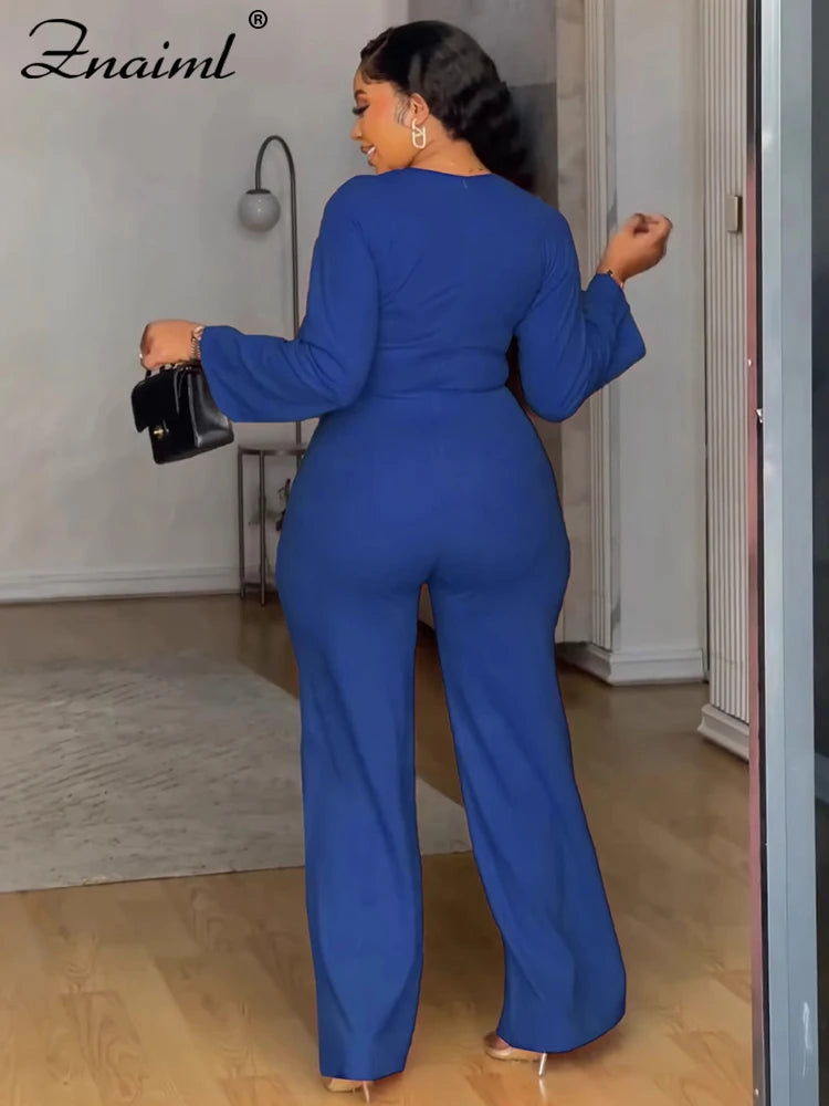 Znaiml Women O Neck Long Sleeve Straight Wide Leg Pants Rompers Office Lady Jumpsuits Pink Loose One Piece Overalls Streetwear
