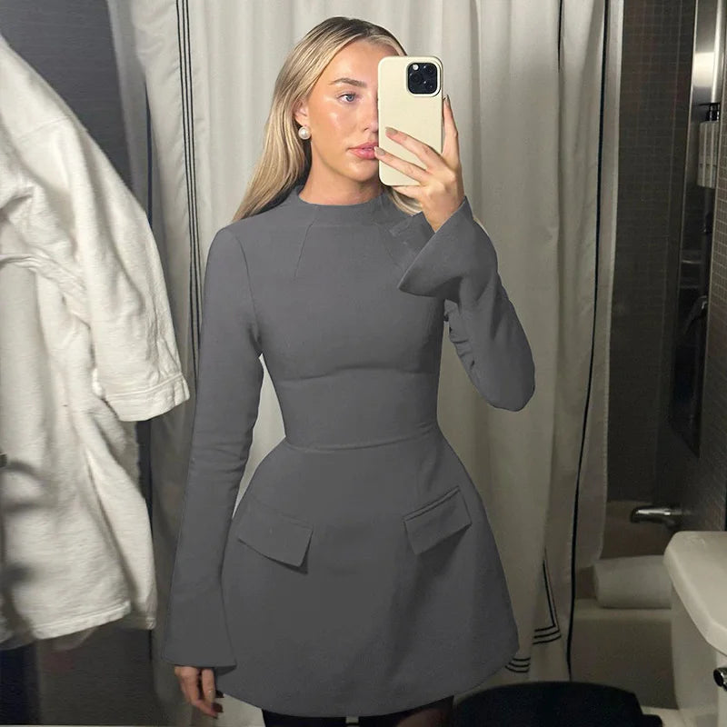 Hugcitar 2024 Spring O Neck Long Sleeve Solid Patchwork Zip Up Sexy Bodycon Mini Dress Women Fashion Outfits Birthday Party Y2K
