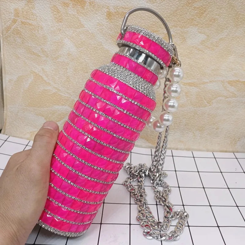Bling Rhinestone Insulated Thermos Water Bottle with Chain Stainless Steel Vacuum Insulated Bottle Flask Portable Tumbler