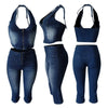 HLJ&GG Blue Fashion Denim Halter Two Piece Sets Women Sleeveless Backless Slim Crop Top And Skinny Jean Pants Outfits Streetwear