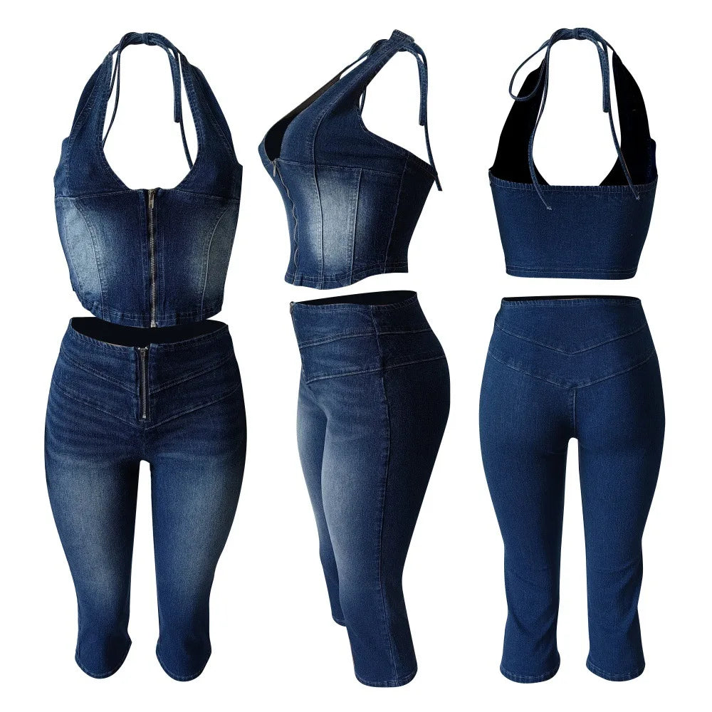 HLJ&GG Blue Fashion Denim Halter Two Piece Sets Women Sleeveless Backless Slim Crop Top And Skinny Jean Pants Outfits Streetwear