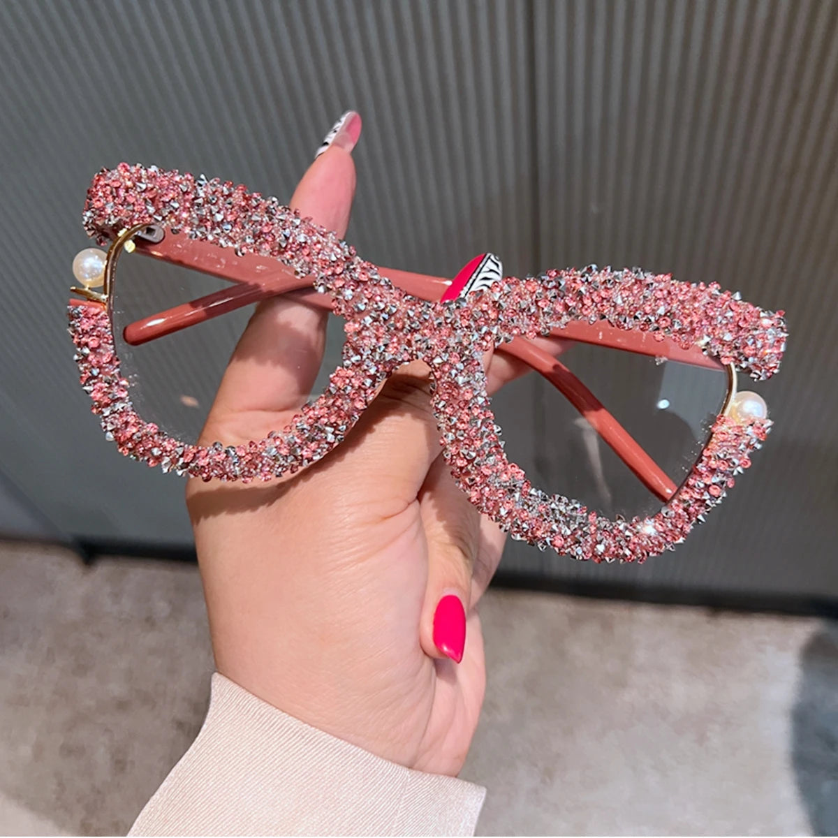Full Diamond Oversized Blue Light Glasses for Women Fashion Thick Square Computer Eyewear Blue Red Pink Black Glasses