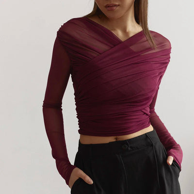CUTENOVA Chic Design Cross Neck Crop Top Solid Color Mesh See Through Sexy Pleated Long Sleeve Elegant T-Shirt For Women Casual