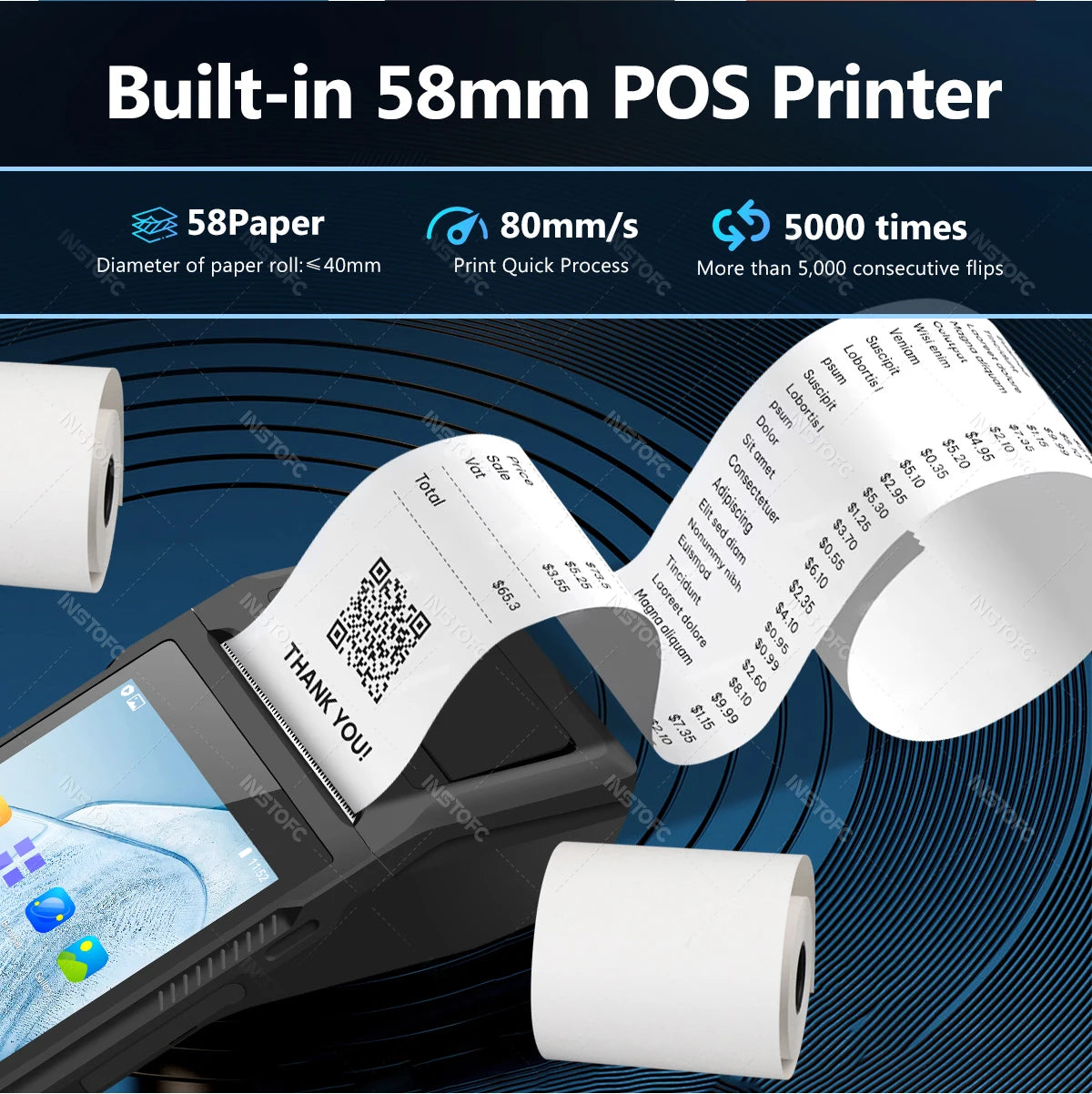 Handheld POS Receipt Printer for Android 8.1 1D 2D QR Barcode Scanner PDA Terminal Support 3G WiFi Touchscreen 58mm Width