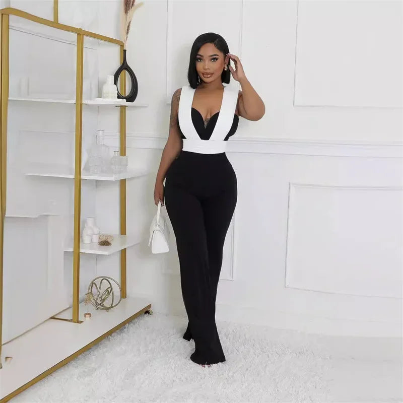 Elegant Fashion Overall Jumpsuit Women Night Club Party Sleeveless Patchwork Birthday Bandage Wide Leg Rompers Combinaison Femme