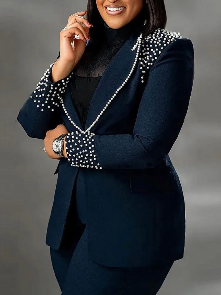 2 Pieces Women's Sets Autumn Winter Long Sleeve Pearl Blazers Suit Tops And Pants Suits Two Piece Set Tracksuit Outfit 2025