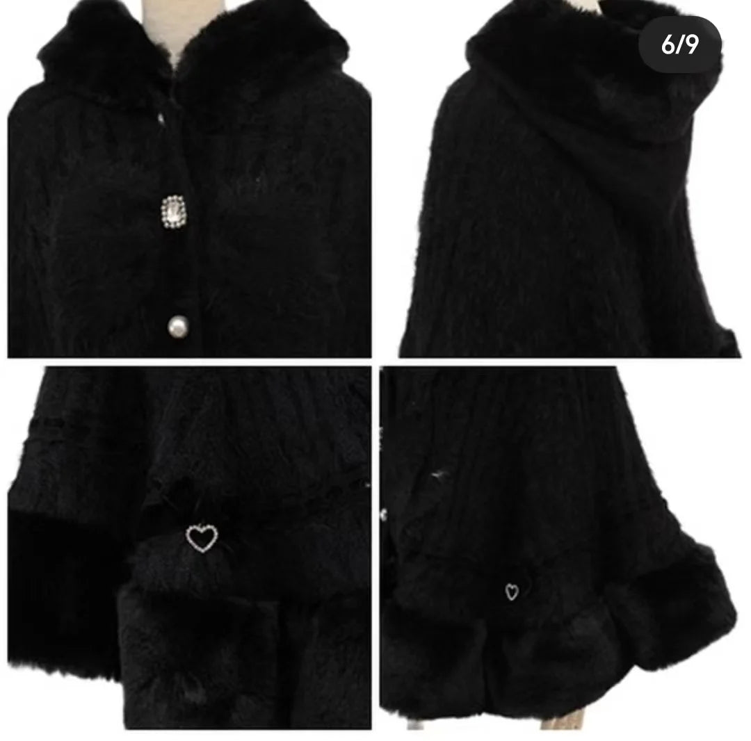 Japanese Liz Sweet Princess Faux Rabbit Fur Cape Coat Women Autumn Winter Fur Jacket Loose Clock Rhinestone Bow Hooded Coat