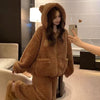 Brown Furry Pajama Sets Fluffy Teddy Bear Hooded Zipper Sleepwear Women Plush Warm Thick Christmas Homewear Y2K Kawaii Nightwear