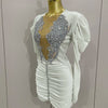 Luxury Sparkly Crystals Sexy Mesh White Velvet Short Dress 2025 Women Elegant Evening Prom Birthday Party Dresses Stage Costume