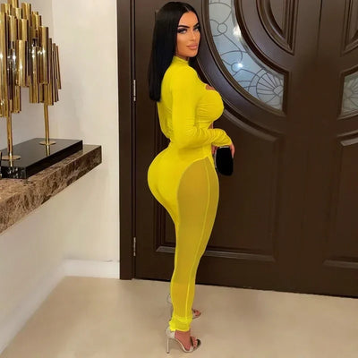 GUWU Mesh Patchwork Cut Out High Wais Long Sleeve Skinny Stretch Sexy Jumpsuit Hollow Out Night Club Women Overalls