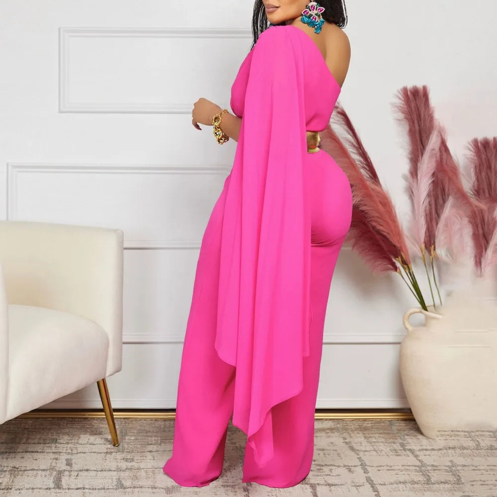 Elegant Women One Shoulder Jumpsuit with Belt Long Sleeve Spring Summer Plus Size One Piece Fashion Sexy Ladies Rompers 2024